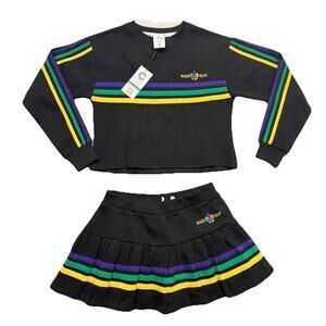 Mardi Gras Embroidered Colorblock Cropped Sweatshirt & Pleated Mini Skirt Set S